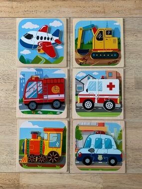 Wooden Kids Vehicle Puzzles - Set of 6 - 6” Square Puzzles for Toddler